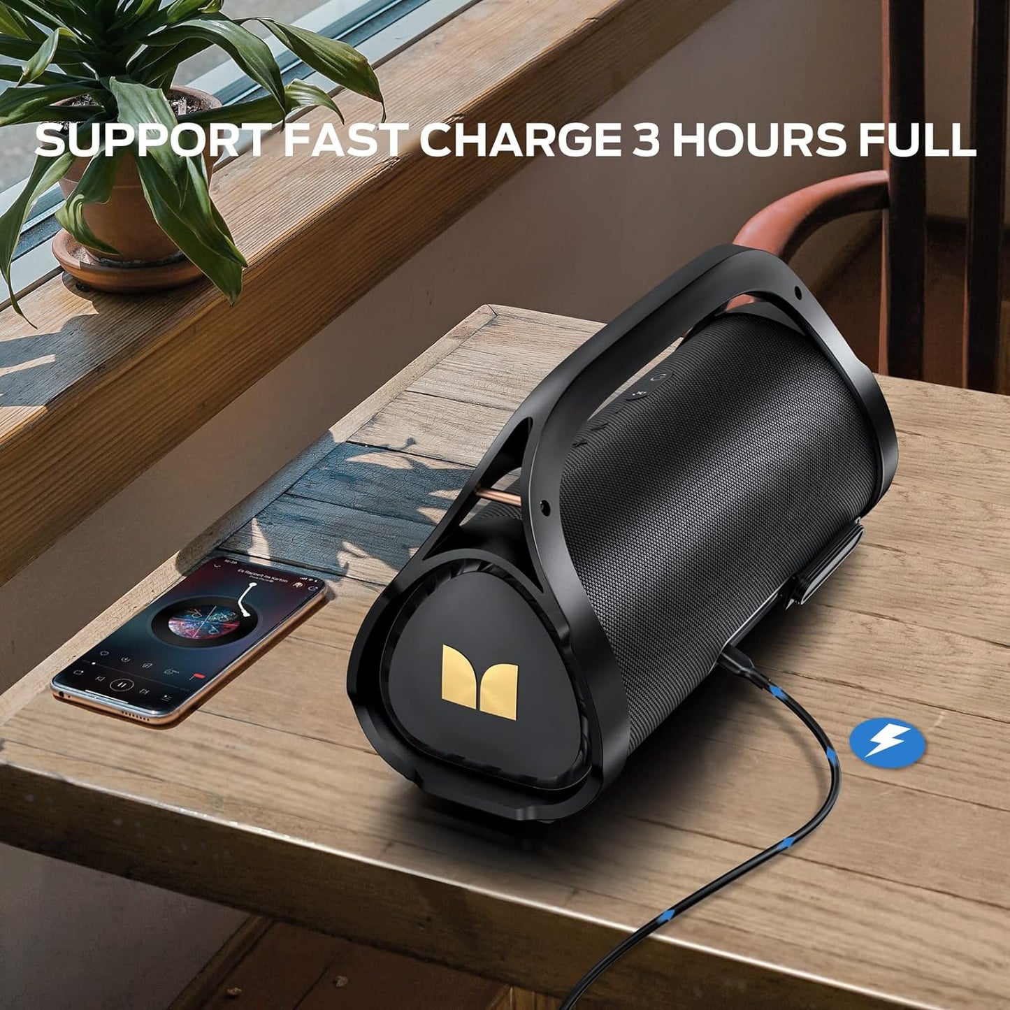 Monster Adventurer Max Bluetooth Speaker with Two Wireless Microphones, IPX7 Waterproof Outdoor Speakers with 100W Powerful Stereo Sound, Portable Bluetooth Speakers for Home, Camping, Gold