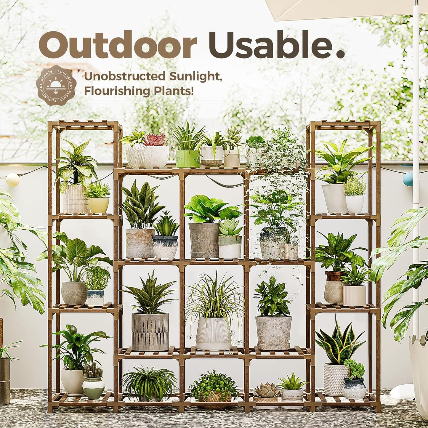 Bamworld Plant Stand Indoor Outdoor Hanging Plant Shelf for Multiple Plants Pots Wood Flower Stand Tall Large Flower Holder for Living Room, Patio, Balcony, Garden Decor, Brown