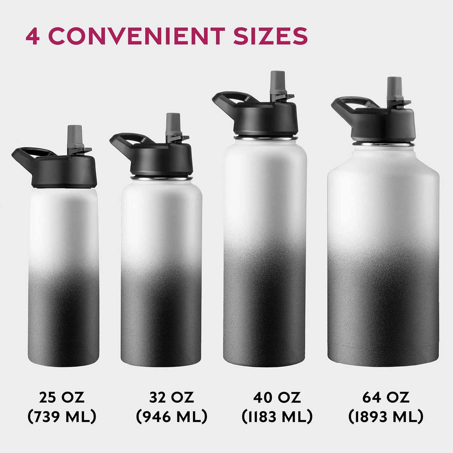 FineDine Water Bottle - Stainless Steel Insulated Water Bottle with Straw Lid, Flip Lid & Wide-Mouth Cap - Keeps Hot and Cold - 25 Oz / 739ml - Pure Pearly White