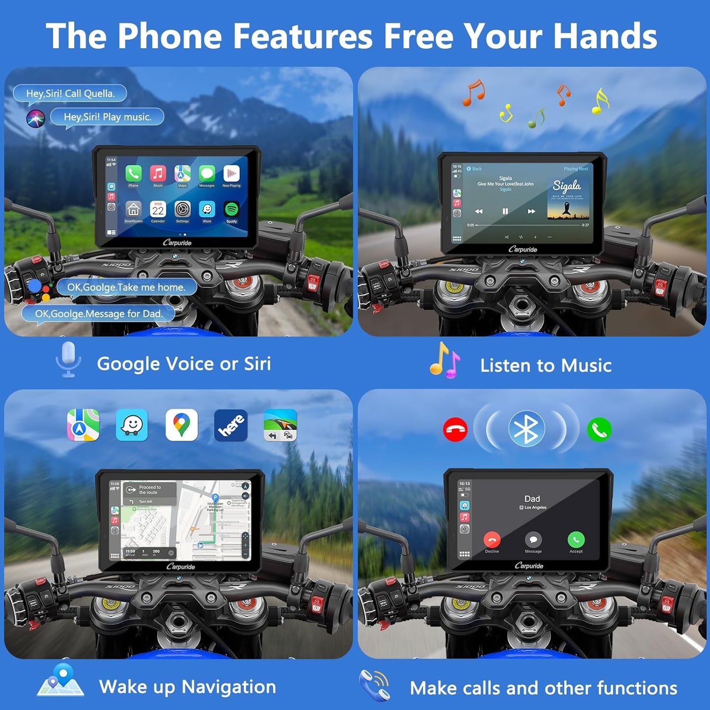 2025 CARPURIDE W702BS PRO for BMW Motorcycle CarPlay & Android Auto Dual Bluetooth, 7" Waterproof GPS Navigation Screen, Data Reading,Native Wonder, TPMS, Light Sensor, Music Sharing, Intercom, 16-Pin