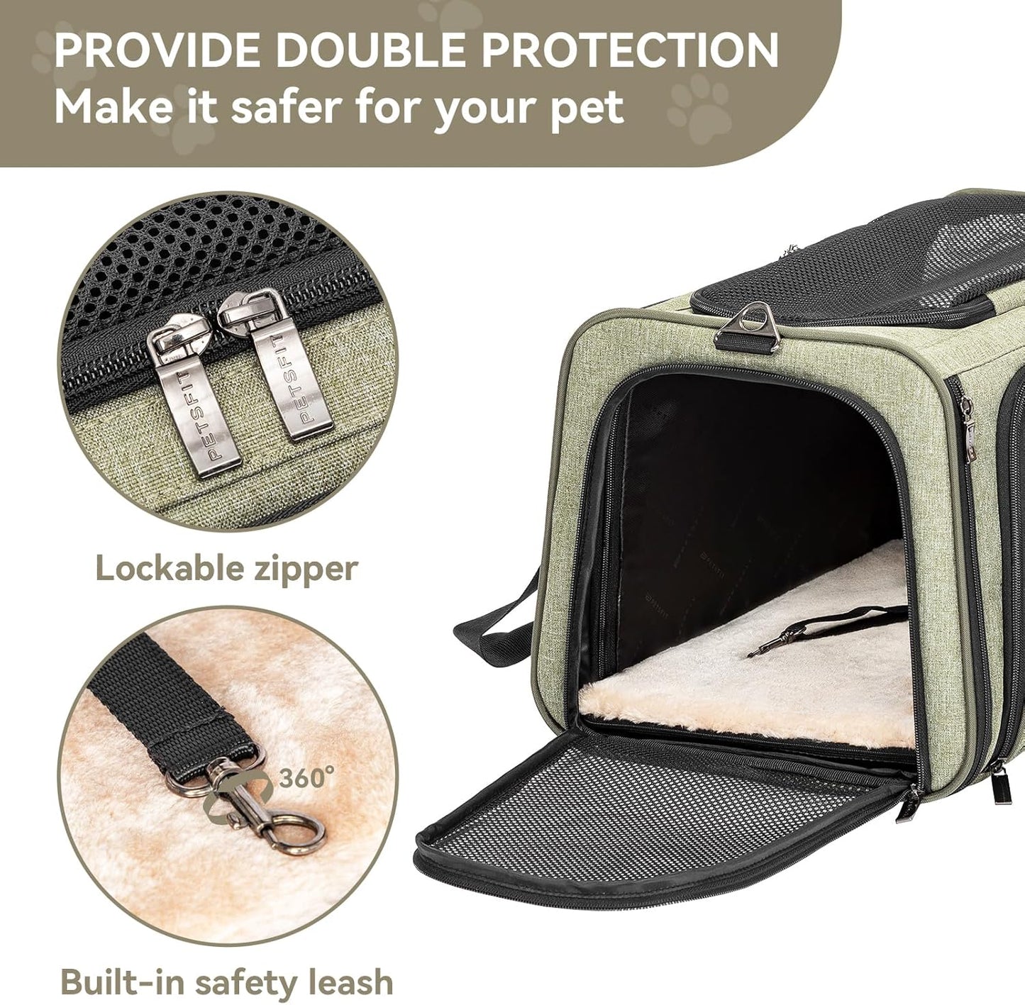 Petsfit Expandable Cat Dog Carrier Airline Approved, 17" L x 11" W x 11" H Soft-Sided Portable Pet Travel Carrier for Kitten, Puppy, Removable Soft Plush Mat and Pockets, Auto-Locking Zippers
