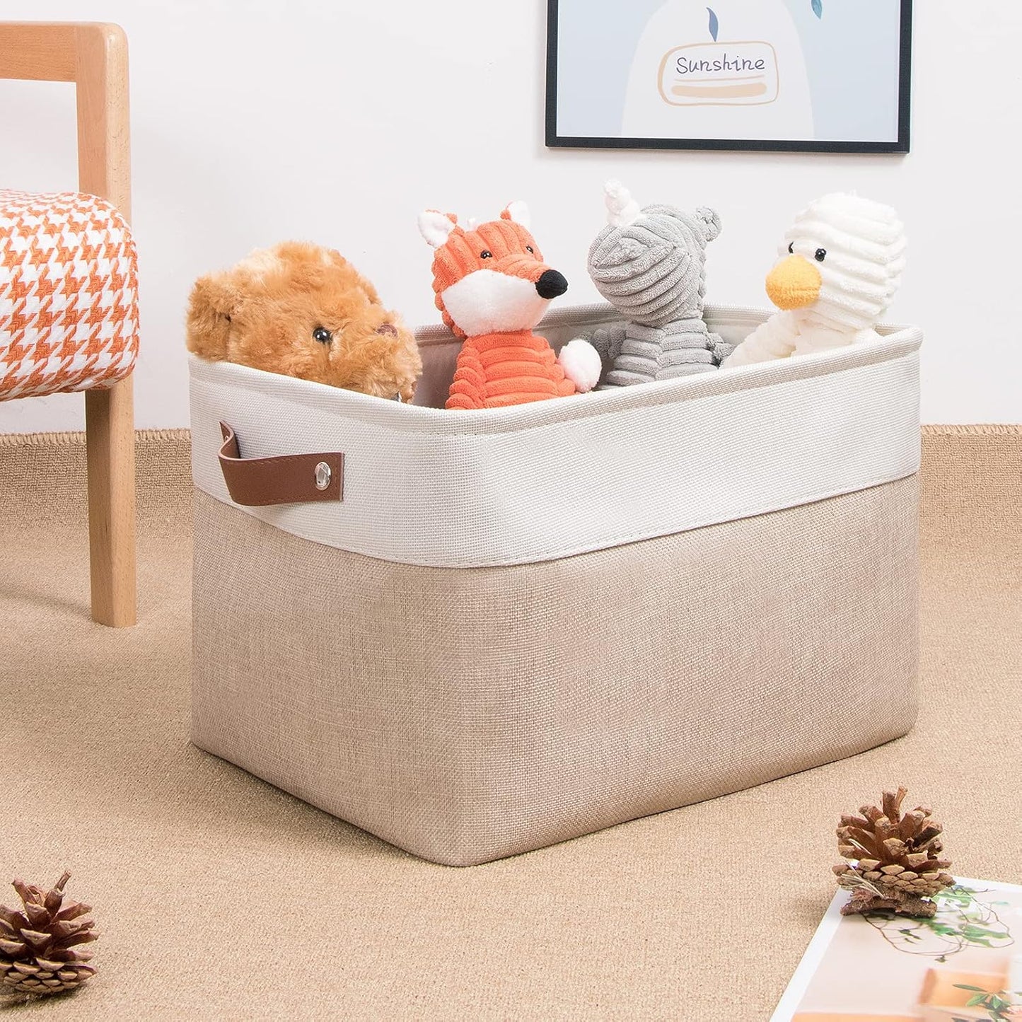 DULLEMELO Storage Baskets for Shelves, Fabric Collapsible Rectangular Storage Bins for Shelves, Closets, Nursery, Home, Office, Empty Gift Baskets (White&Teal)