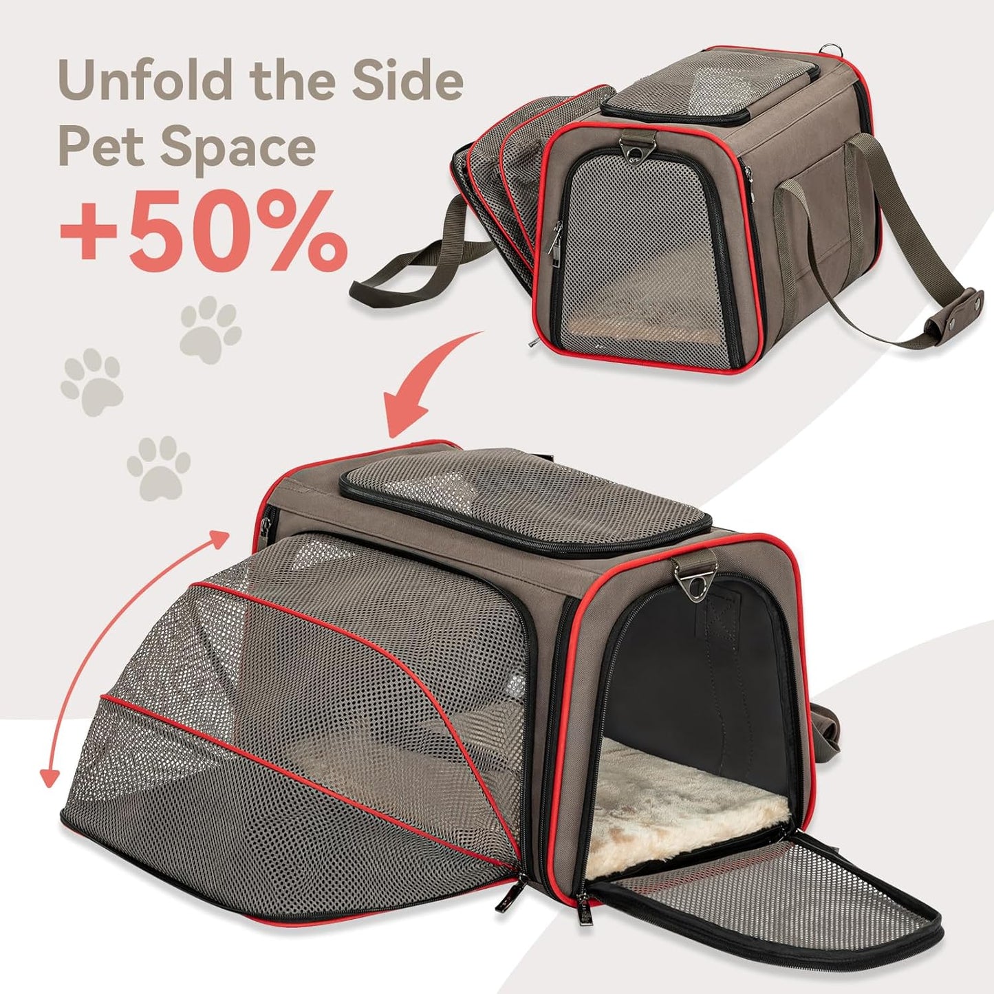 Petsfit Expandable Cat Dog Carrier Airline Approved, 17" L x 11" W x 11" H Soft-Sided Portable Pet Travel Carrier for Kitten, Puppy, Removable Soft Plush Mat and Pockets, Auto-Locking Zippers