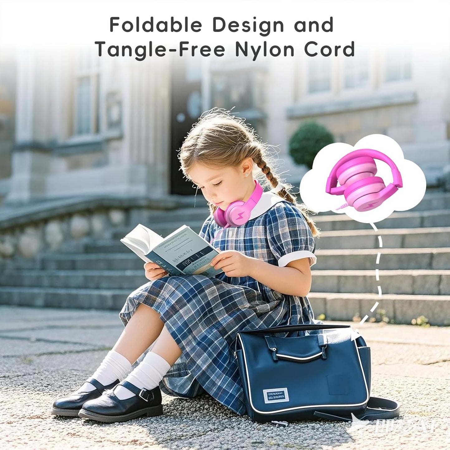 Kids Headphones, Wired Headphones for Kids Over Ear with Microphone, 85/94dB Volume Limiter Headphones for Girls Boys with Sharing Jack, Foldable Headphones for Online Study, Gradient Deep Pink