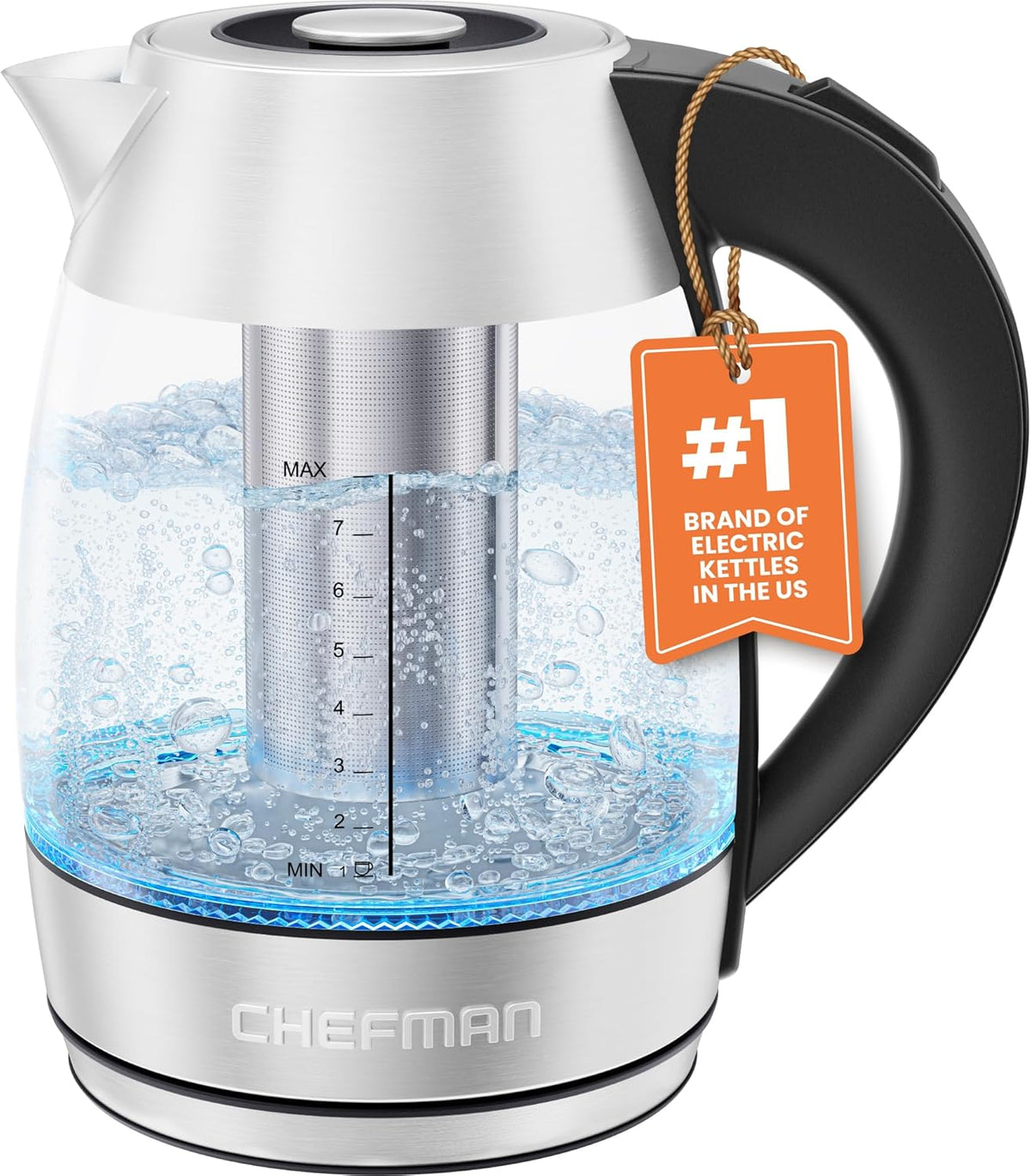 Chefman Electric Kettle for Boiling Water, 1.8L 1500W, Removable Tea Infuser, Auto Shut Off, Boil-Dry Protection, BPA Free, Borosilicate Glass, Hot Water Boiler, Electric Tea Kettle - Stainless Steel