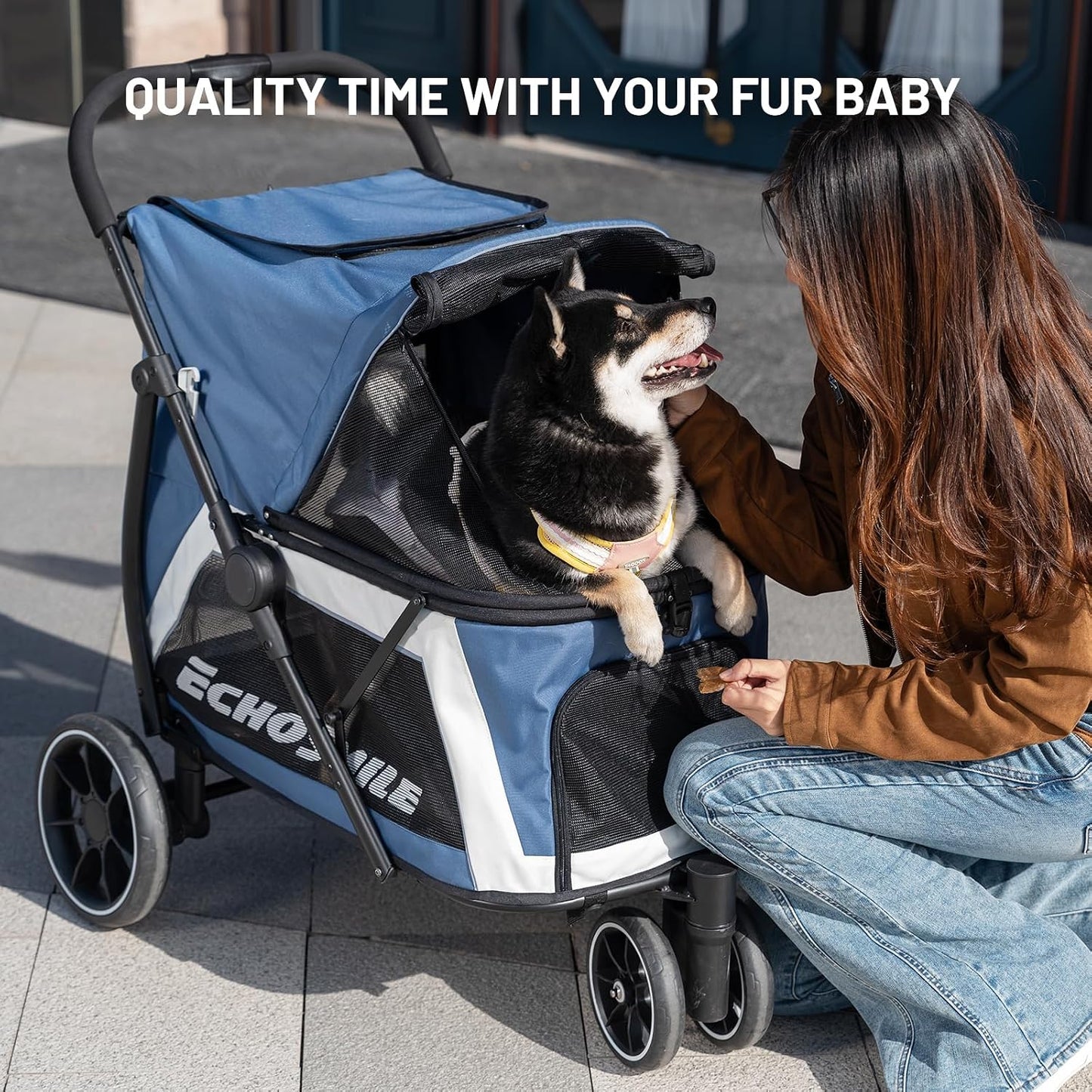 EchoSmile Dog Stroller for Medium & Small Dogs, Foldable Pet Stroller with 3 Wheels & Brakes, All-Terrain Cat Dog Carrier with Breathable Mesh, Safety Leash and Storage Pocket, Blue