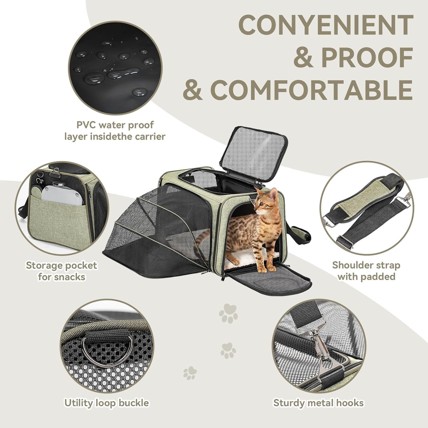 Petsfit Expandable Cat Dog Carrier Airline Approved, 17" L x 11" W x 11" H Soft-Sided Portable Pet Travel Carrier for Kitten, Puppy, Removable Soft Plush Mat and Pockets, Auto-Locking Zippers