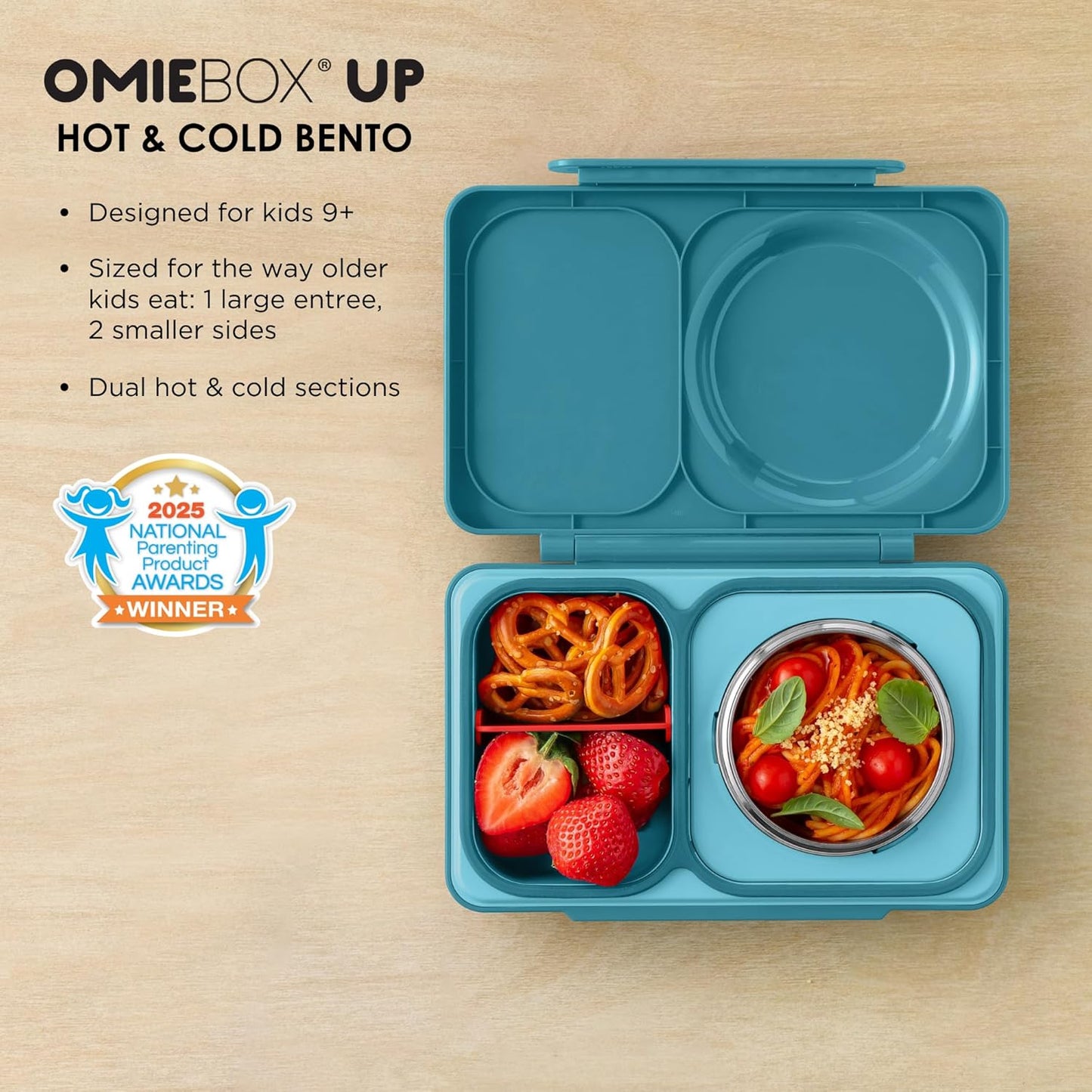 OmieBox UP bento box for kids | Insulated lunch box | Insulated food jar | Cooler ice pack | 2 Compartments (Cherry Pink)