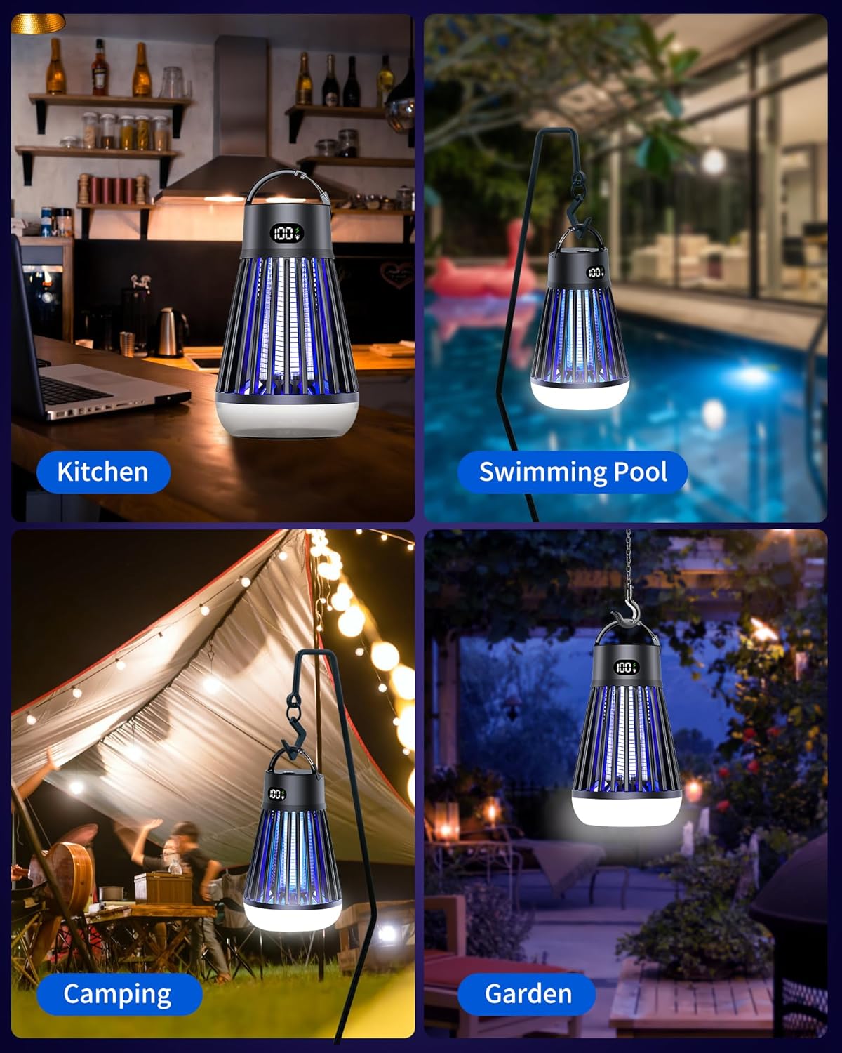 Eachway Bug Zapper Outdoor, 2 in 1 Powered Mosquito Zappers Killer with 2000mAh Battery & LED Light, 2000V Electric Fly Zapper, Waterproof Insect Zapper for Backyard, Patio (Black)