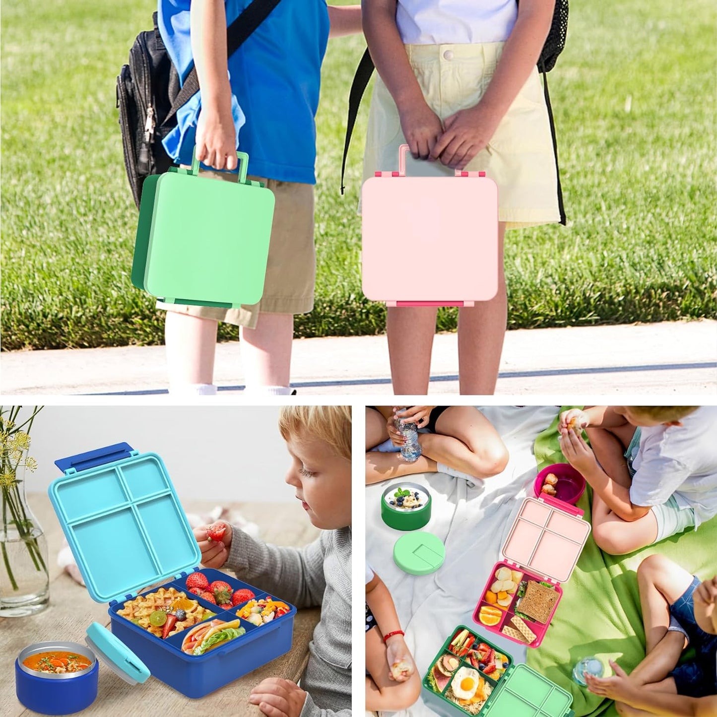 Bento Lunch Box for Kid with 7oz Soup Jar, Leak-Proof Lunch Box with Cutlery, 4-Compartments Lunch Container for School Outdoors Office