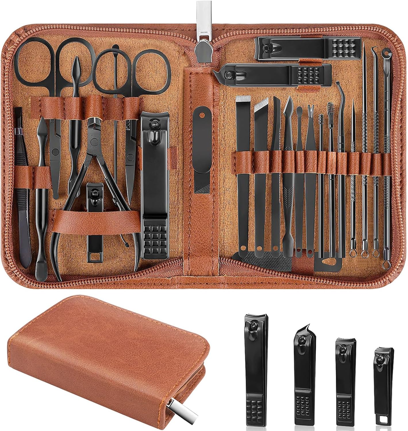 Nail Clippers Set, 26 Piece Manicure Set & Pedicure Kit, Stainless Steel Fingernail & Toenail Clipper Cutters, Professional Nail Care Tools with Luxurious Travel Case for Men and Women, Black