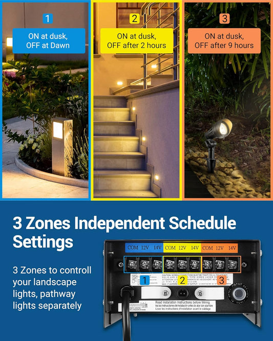 DEWENWILS 300W Low Voltage Transformer with 3 Independent Control Outputs, Landscape Transformer with Timer and Photocell Sensor, 120V AC to 12V/14V AC, Weatherproof, ETL Listed - PuriLite