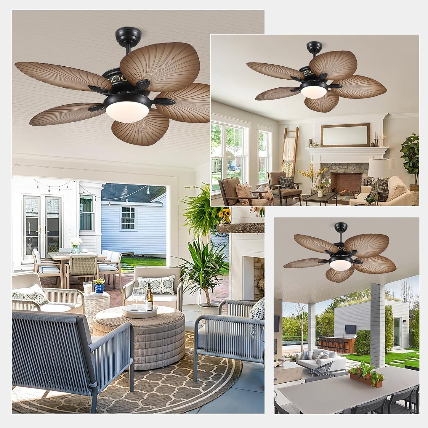 Wiviniya Ceiling Fans with Lights and Remote/APP Control, 44 Inch Tropical Palm Leaf Ceiling Fan with LED Lights, Outdoor Ceiling Fans for Patios Porch, Reversible Quiet Motor, Dimmable, Light Brown