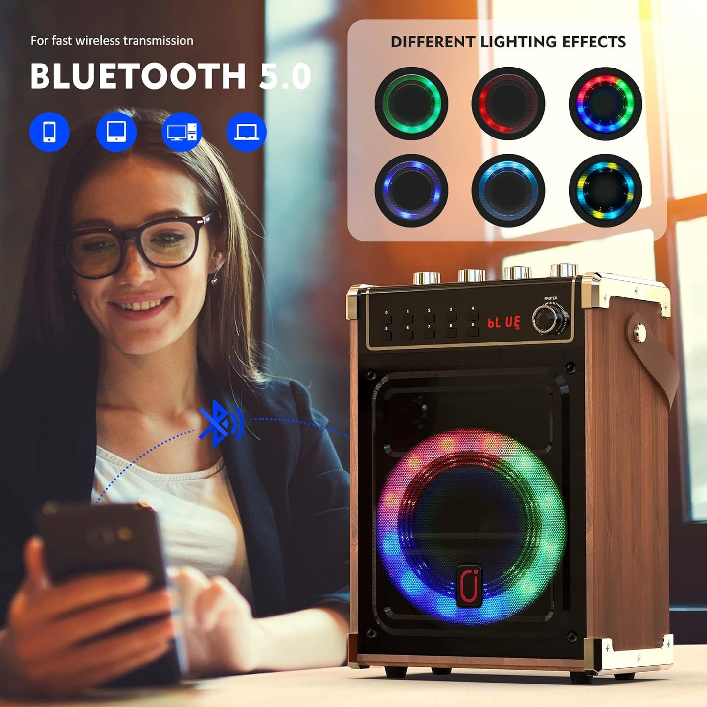 JYX Karaoke Machine with Two Wireless Microphones, Portable Bluetooth Speaker with Bass/Treble Adjustment, Remote Control and LED Lights, Supports TF Card/USB, AUX in, FM, REC for Party