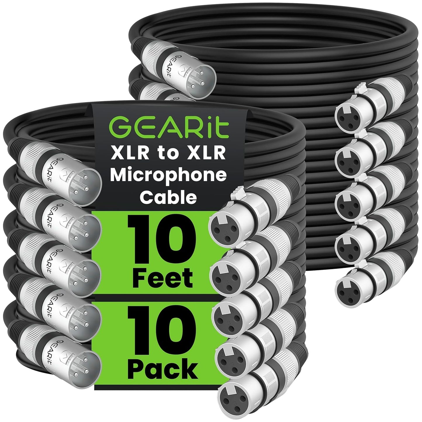 GEARit XLR Male to Female Microphone Cable (10 Feet, 6-Pack) 3-Pin Balanced Shielded Mixer, Recording Studio, Podcast - Black