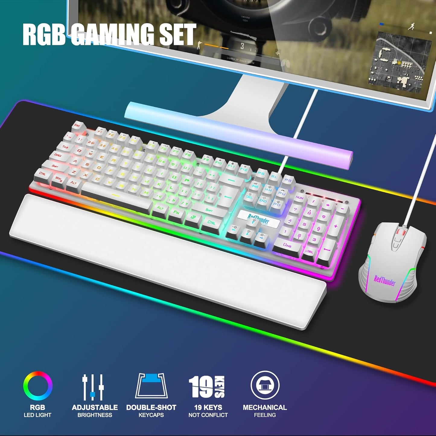 RedThunder K10 Wired Gaming Keyboard and Mouse and Wrist Rest Combo, RGB Backlit, Mechanical Feel Anti-ghosting Keyboard + 7D 7200 DPI Mice+Soft Leather Wrist Rest 3 in 1 PC Gamer Accessories(Black)