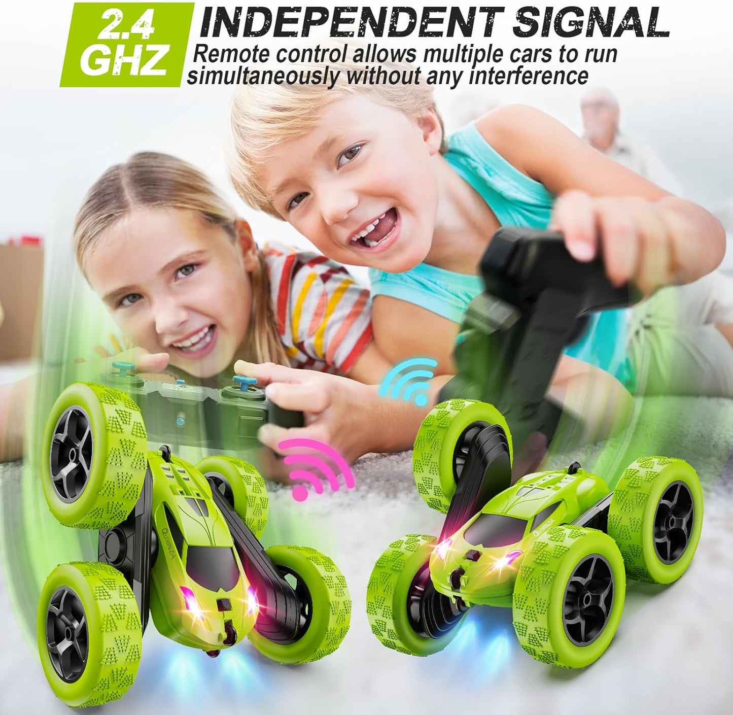 QUNREDA Remote Control Car for Kids Ages 6+, RC Cars Stunt Car Toy 4WD Double Sided 360° Rotating Remote Control with Headlights, Birthday Xmas Gifts for Boys 6 7 8 9 10 11 12 1-Blue