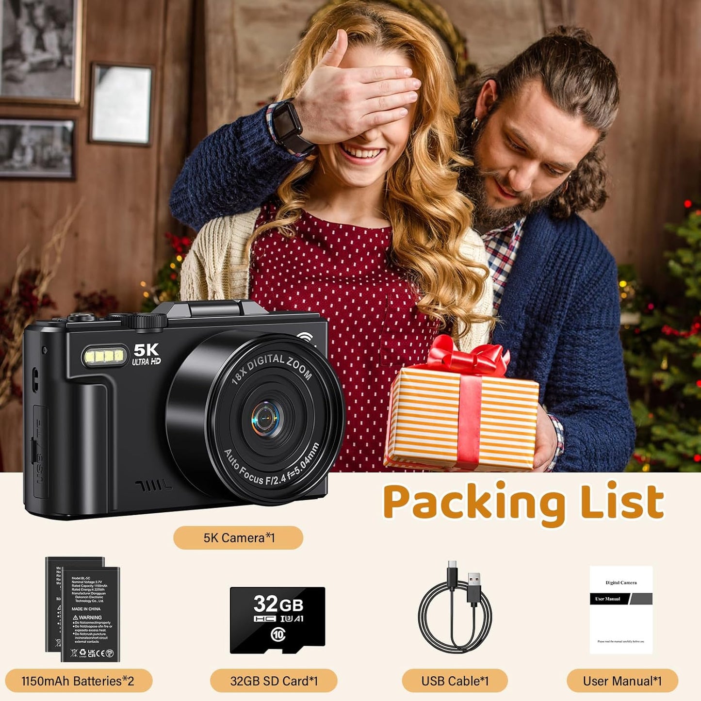 5K Digital Camera for Photography - WiFi 75MP UHD Vlogging Camera for YouTube - Autofocus Video Cameras with 3" 180° Flip Screen - Compact Vlog Travel Camara with 18X Zoom, 32GB SD Card, 2 Batteries