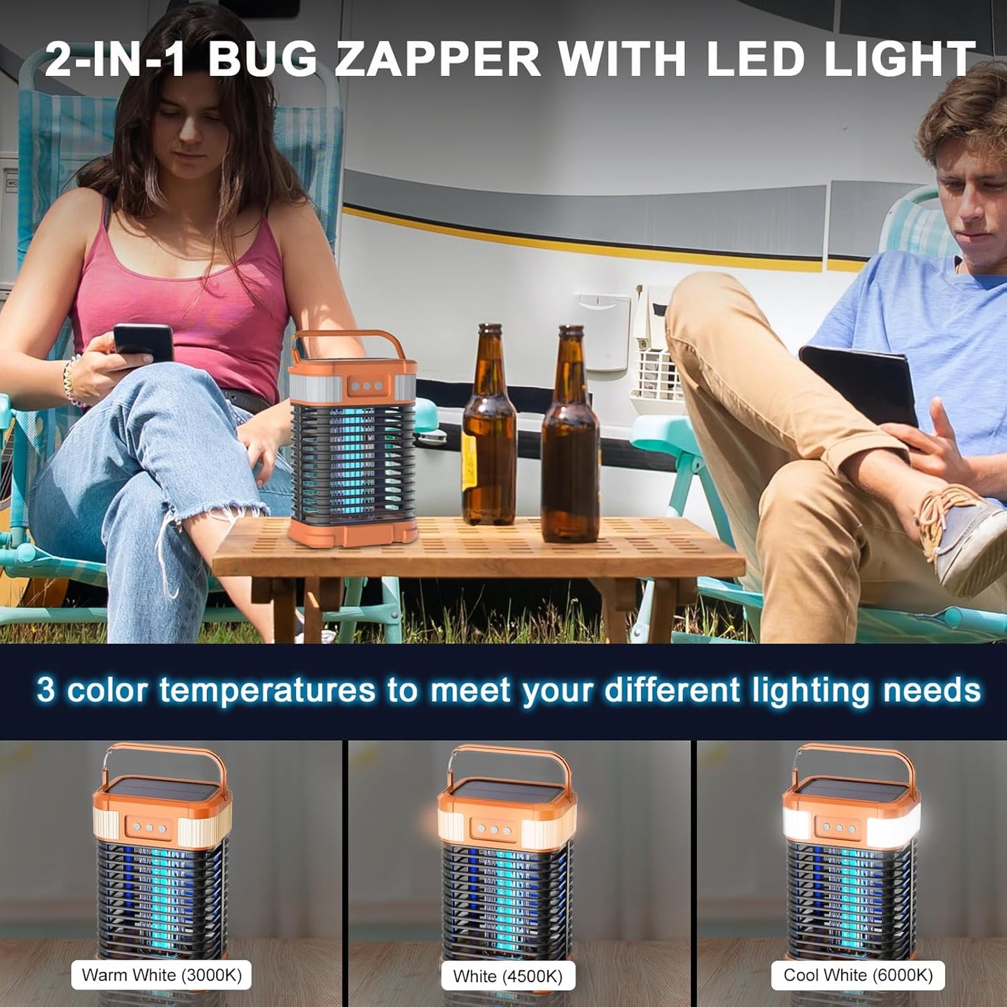Mosquito Zapper, Solar Bug Zapper 4200V Cordless & Rechargeable Bug Zapper Outdoor with LED Light, Portable Waterproof Electric Fly Zapper with Hook, for Patio Camping Backyard Garden