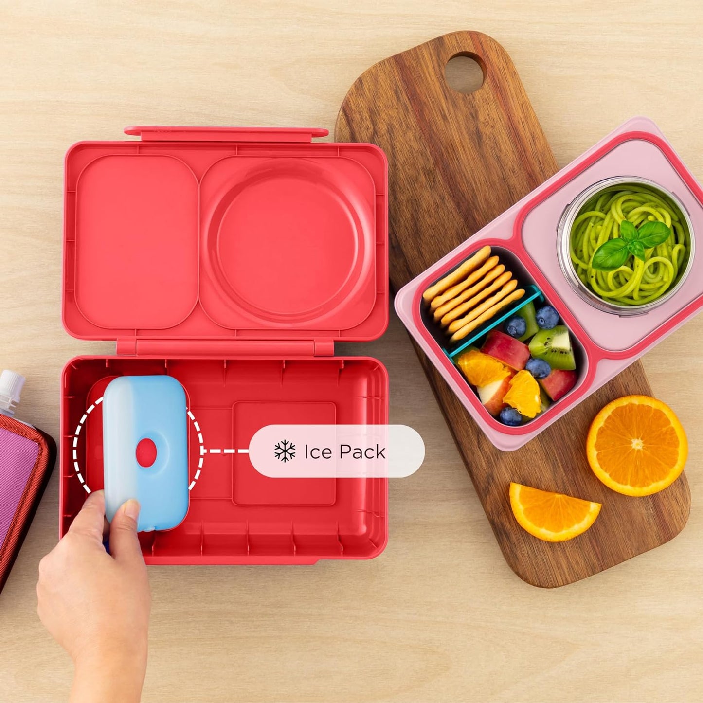 OmieBox UP bento box for kids | Insulated lunch box | Insulated food jar | Cooler ice pack | 2 Compartments (Cherry Pink)