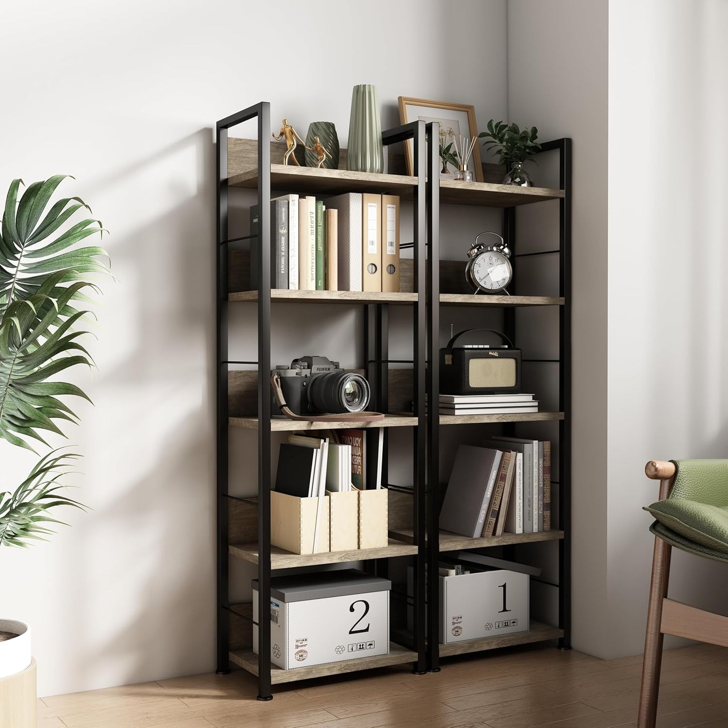 KZZLOL Bookshelf 5 Tier, Corner Bookcase with MDF Board & Metal Frame, Industrial Book Shelf Decor for Living Room, Study, Kitchen ,Bedroom Storage (Dark Brown)