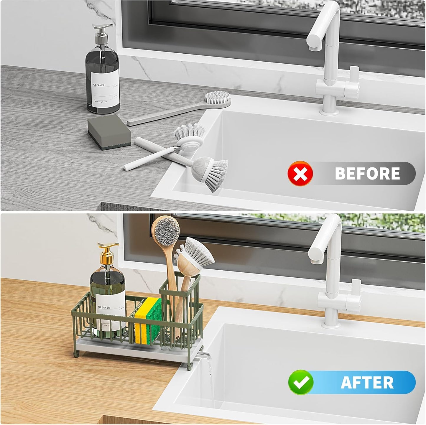 Cisily Sponge Holder for Kitchen Sink, Sink Caddy with High Brush Holder, Organzier Rustproof 304 Stainless Steel Dish Organizer Divider, Soap Dispenser Storage (Black)