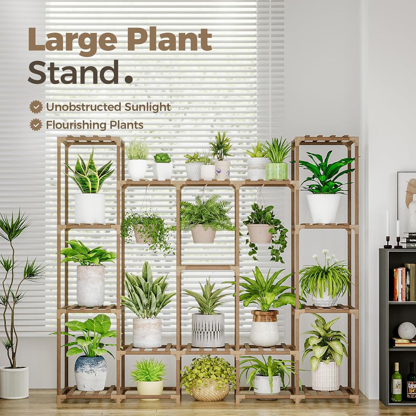 Bamworld Plant Stand Indoor Outdoor Hanging Plant Shelf for Multiple Plants Pots Wood Flower Stand Tall Large Flower Holder for Living Room, Patio, Balcony, Garden Decor, Brown