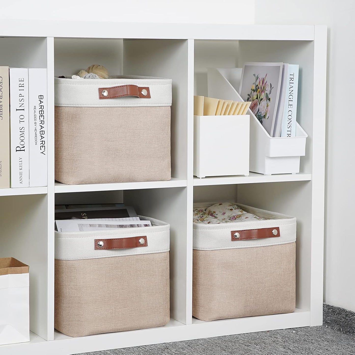 DULLEMELO Storage Baskets for Shelves, Fabric Collapsible Rectangular Storage Bins for Shelves, Closets, Nursery, Home, Office, Empty Gift Baskets (White&Teal)