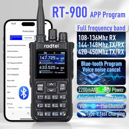 Radtel RT-900 Ham Radio Walkie Talkies 256CH Aviation Air Band Two Way Radio NOAA Police Scanner Marine Long Range Handheld Transceiver USB-C, Wireless Copy Frequency - PuriLite