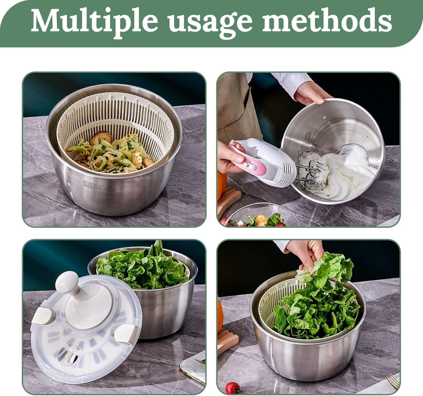 Salad Spinner 5L Dual Layer Stainless Steel & PP Lettuce Spinner with Lid & Rotating Handle Multi-Purpose Quick Dry Fruit and Vegetable Wash for Kitchen, Salad, Lettuce