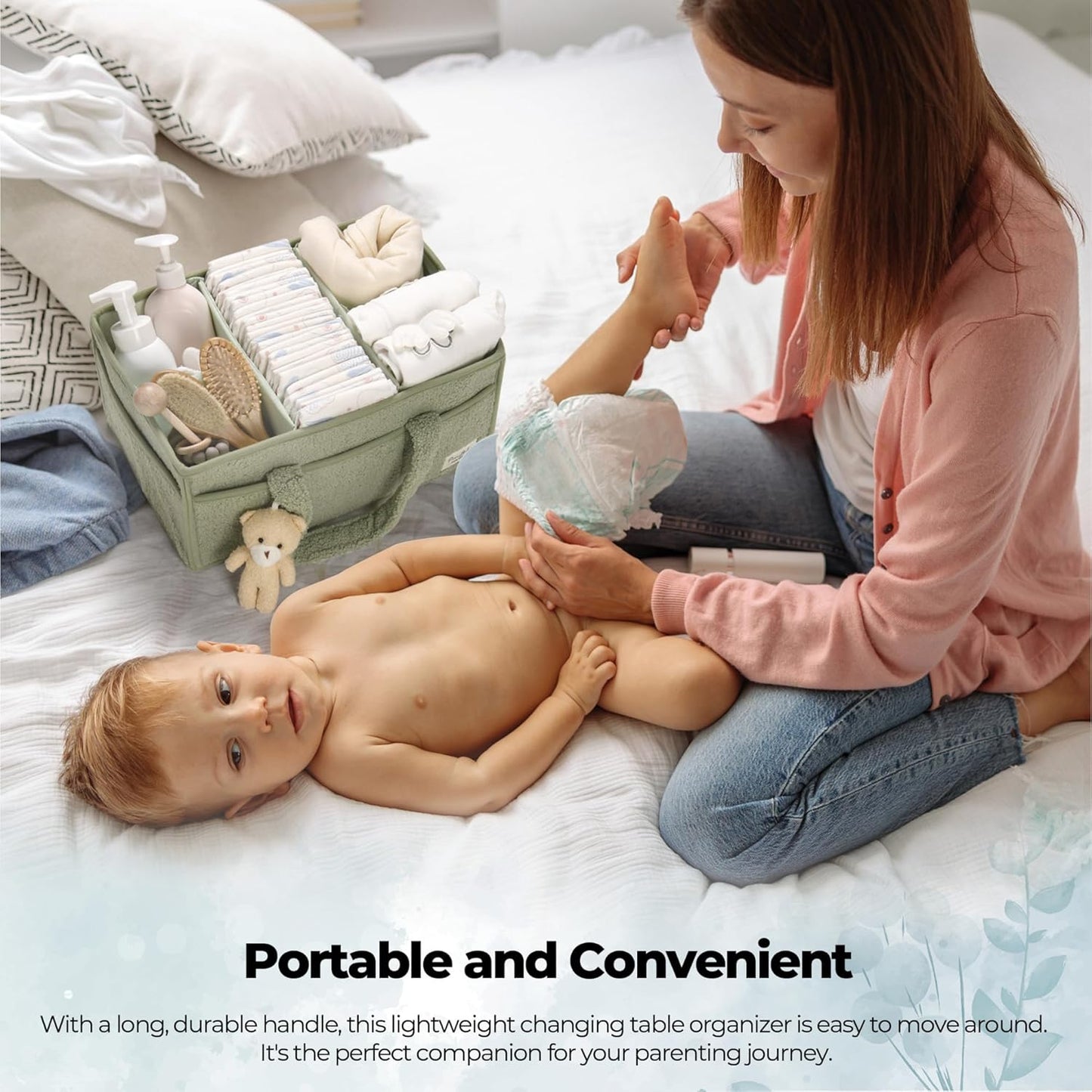 PeraBella Baby Diaper Caddy Organizer, Baby Organizers and Storage for Changing Table, Babies Shower Gift Basket for Boy &Girl, Nursery Essentials Car Caddy Organizer with Handle, White Diaper Basket