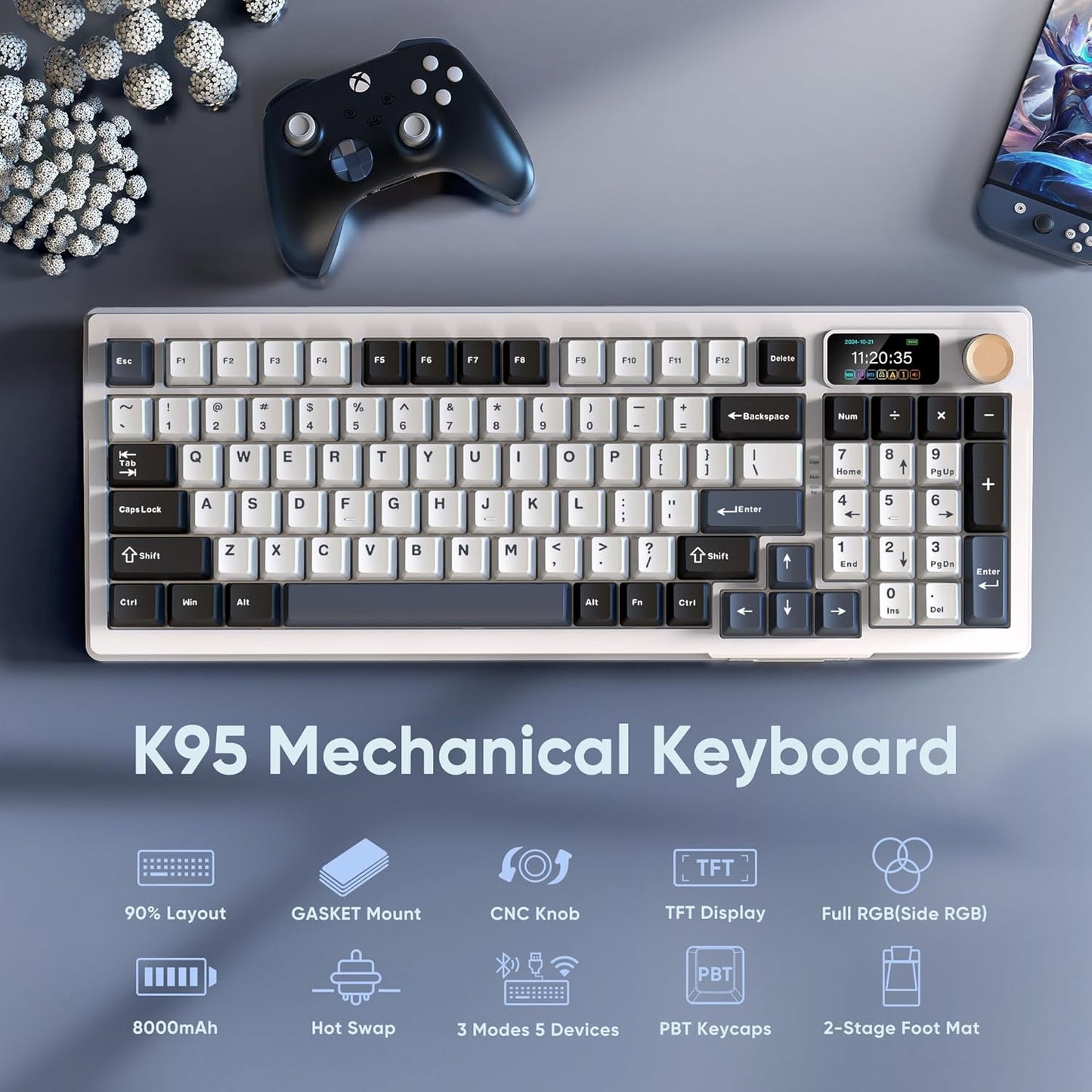 RedThunder K95 Wireless Mechanical Keyboard,TFT Screen & Knob, Tri-Mode BT5.0/2.4GHz/USB-C Hot Swappable Custom, Pre-lubed Linear Switches,Gasket Structure, RGB Gaming Keyboard for WIN/IOS, White-Blue