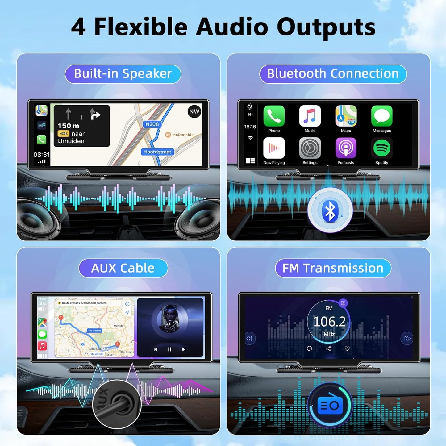 10.26 Inch Wireless Apple Carplay Screen for Car, Apple Car Play and Android Auto Screen with 4K Dash Cam Front and Rear Camera HD 1080P/FM/AUX/64G TF/Mirror Link/Voice Control/GPS Navigation