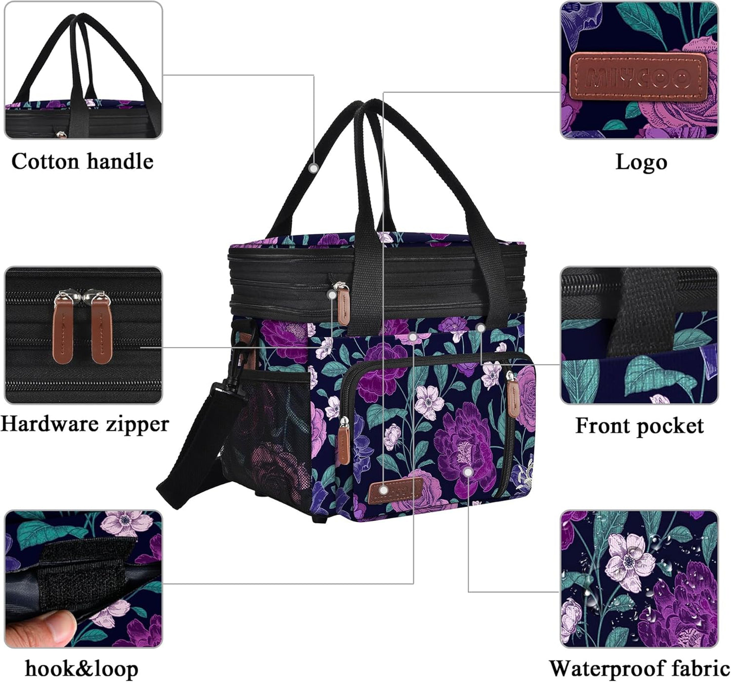 Lunch Bag for Women Men Double Deck Lunch Box - Leakproof Insulated Soft Large Lunch Cooler Bag, MIYCOO (Black,15L)