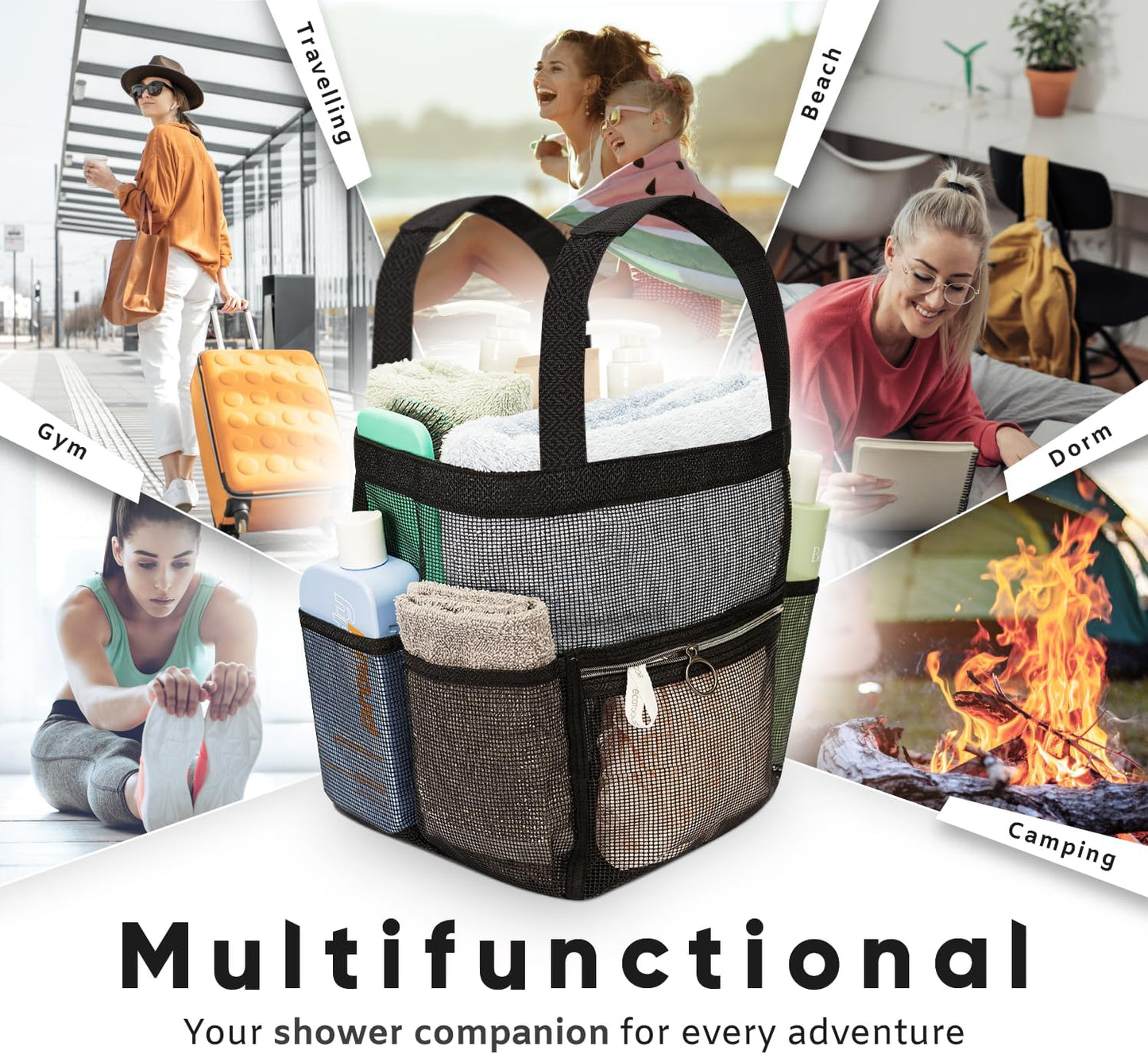 Mesh Shower Caddy Portable 10.2x9.9'' Shower Bag with Zipper & 2 Pockets. Shower Tote Ideal for Gym, Travel, Camp, Beach, for Sunscreen, Dorm & College Essentials (Black)