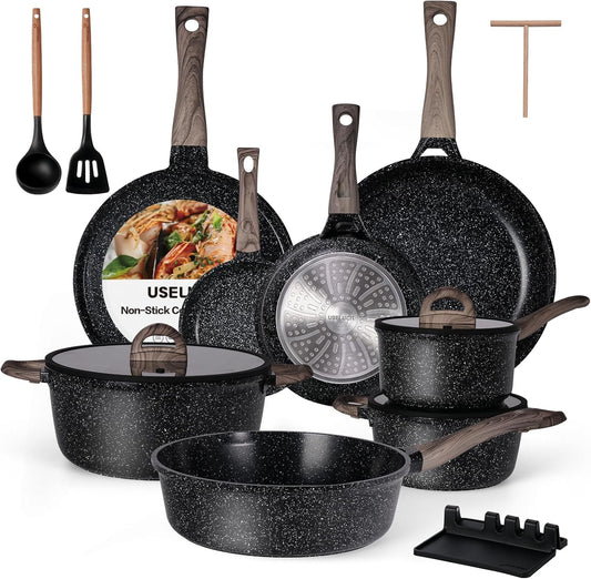 Ceramic Cookware Set 22 Piece Nonstick Pots and Pans Set Non Stick Kitchen Cooking Sets 8" Frying Pans with Lid,Black Granite Non-Toxic Induction Kitchen Cookware w/Glass Lids PFOS/PFOA-Free