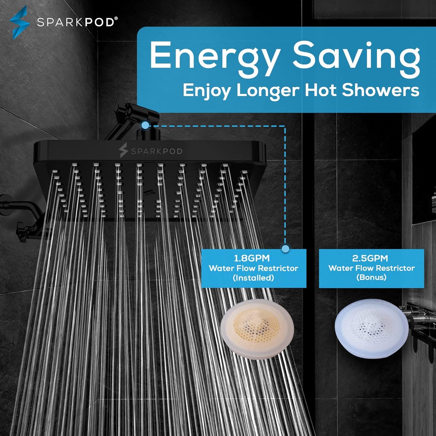 SparkPod Shower Head - High Pressure Rain - Premium Quality Luxury Design - 1-Min Install - Easy Clean Adjustable Replacement for Your Bathroom Shower Heads (Luxury Polished Chrome, 6 Inch Round)