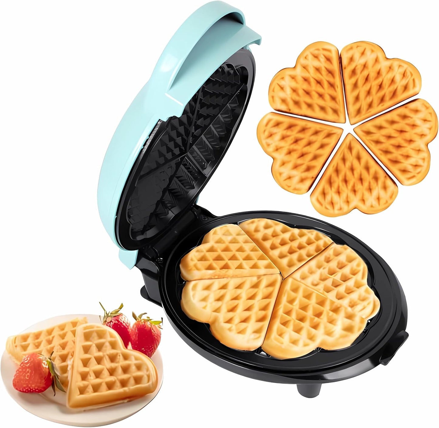 Mini Maker Waffle Maker 5“ Non-Stick Waffler Iron Stuffler Stuffed Wafflera Adjustable Browning Control, Heart, Azure