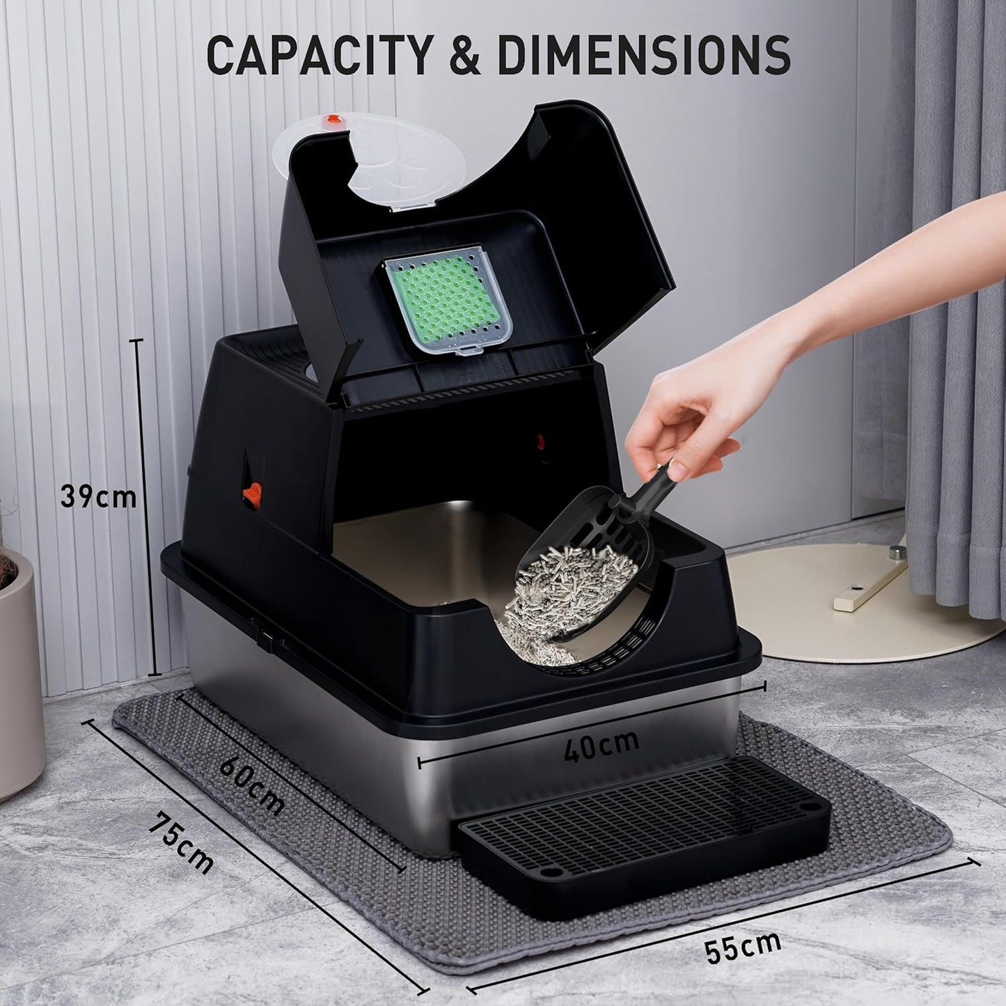 Citylife Stainless Steel Litter Box with Lid Flip-Top Removable High Enclosed Cat Litter Box with Litter Mat Step&Litter Scoop Metal Litter Pan Easy Cleaning Odor-Resistant Large Space for Cats Black