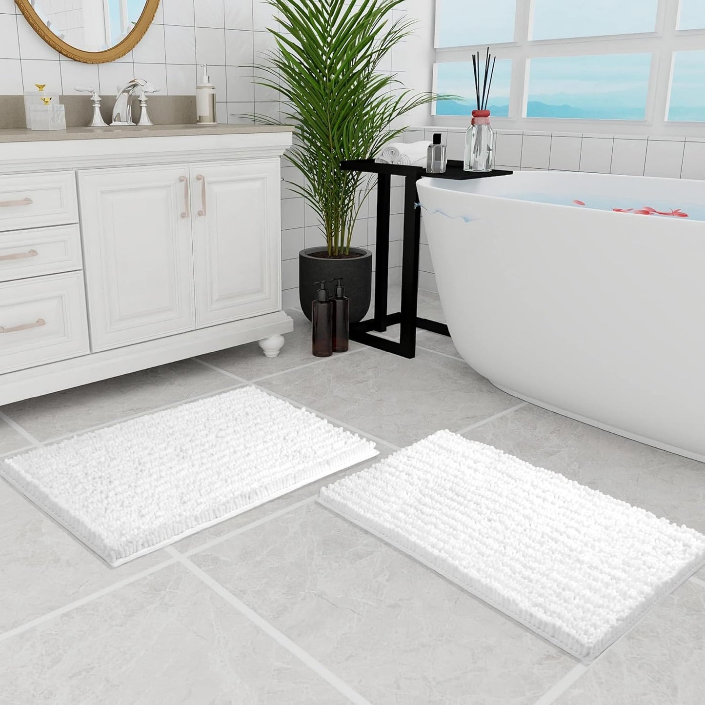 Walensee Bathroom Rug Non Slip Bath Mat (24x17 Inch Blush) Water Absorbent Super Soft Shaggy Chenille Machine Washable Dry Extra Thick Perfect Absorbant Best Small Plush Carpet for Shower Floor