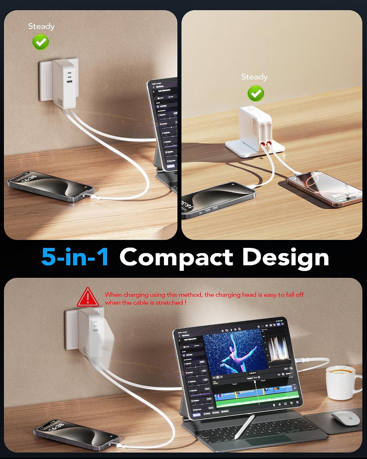 65W for MacBook Pro Charger,5-in-1 Retractable Wall Charger Plug for iPhone Retractable Wall Charger for iPhone,PD USB C&Lightening Cable&3 Ports,Fast Charging Block for Mac Book,iPad,Galaxy,Pixel