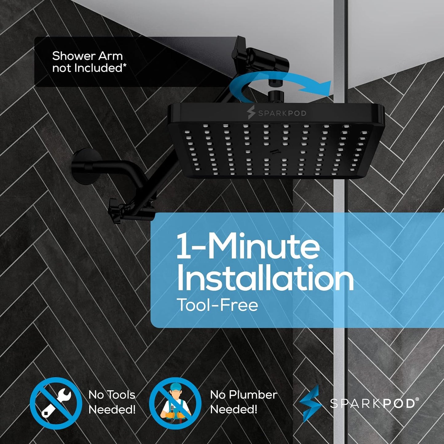 SparkPod Shower Head - High Pressure Rain - Premium Quality Luxury Design - 1-Min Install - Easy Clean Adjustable Replacement for Your Bathroom Shower Heads (Luxury Polished Chrome, 6 Inch Round)