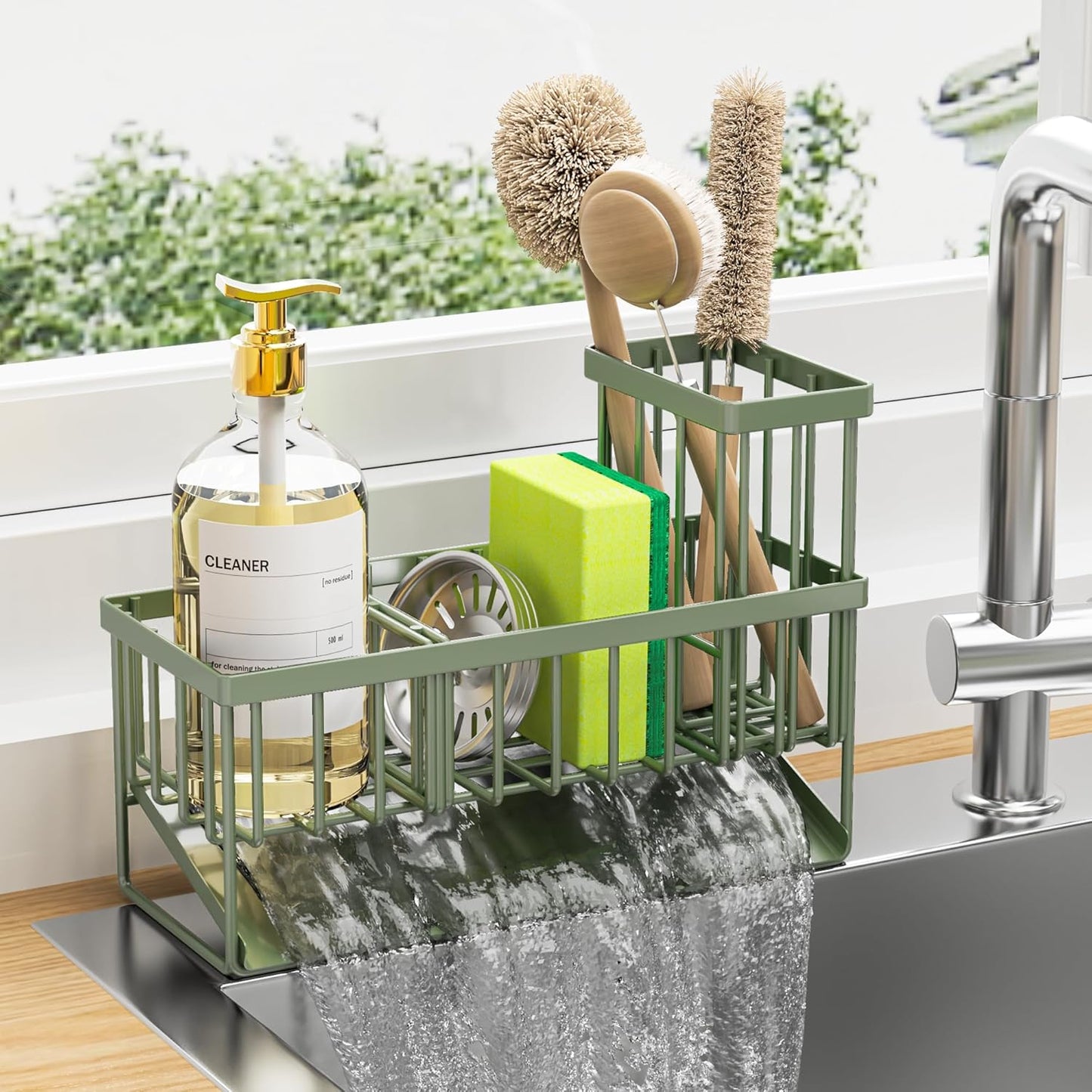 Cisily Kitchen Sink Caddy Organzier with High Brush Holder, Sponge Holder for Sink, 304 Rustproof Stainless, Kitchen Countertop Soap Dispenser Organizer, Kitchen Decor and Accessories (Black)
