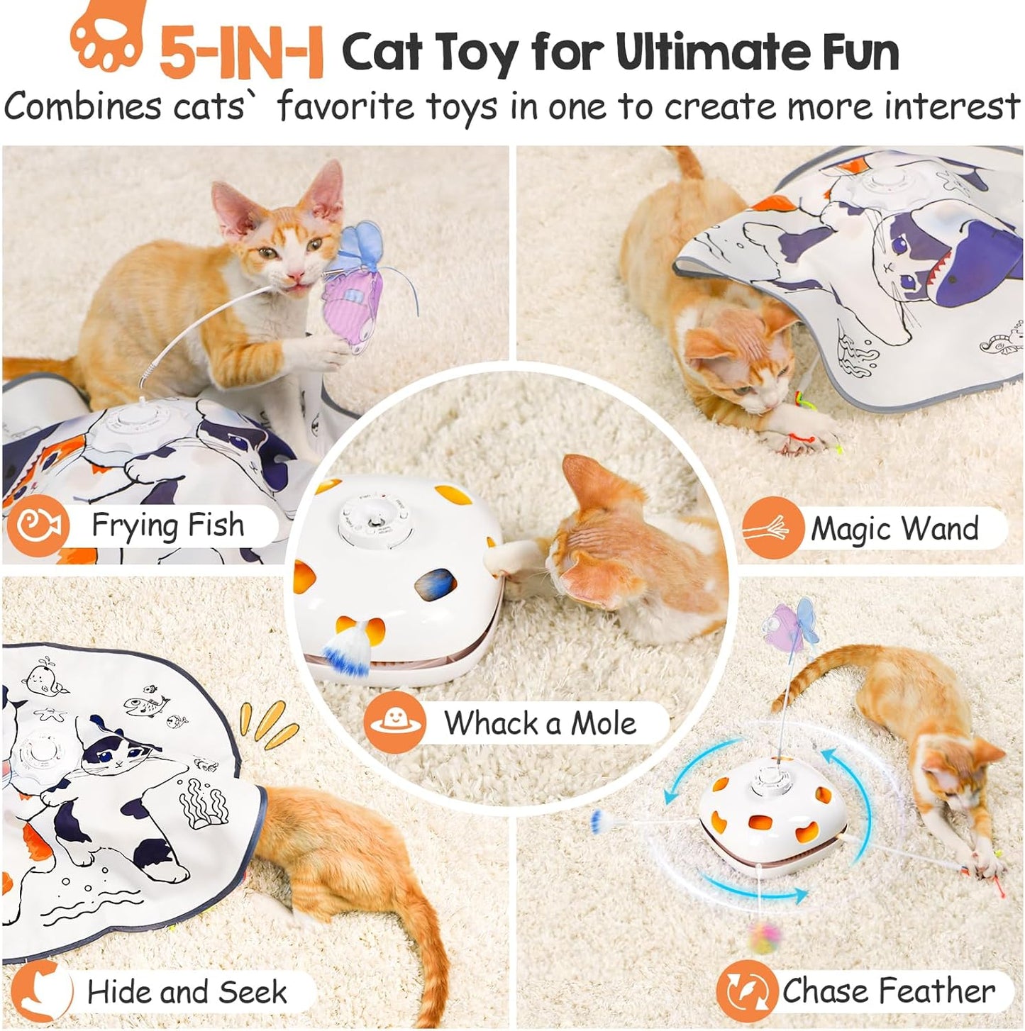 ORSDA Cat Toys Interactive, 4 in 1 Automatic Cat Toy, Hide and Seek, Whack a Mole, Magic Wand, Chasing Feather, with 4 Replacements, USB Rechargeable, for All Breed Sizes