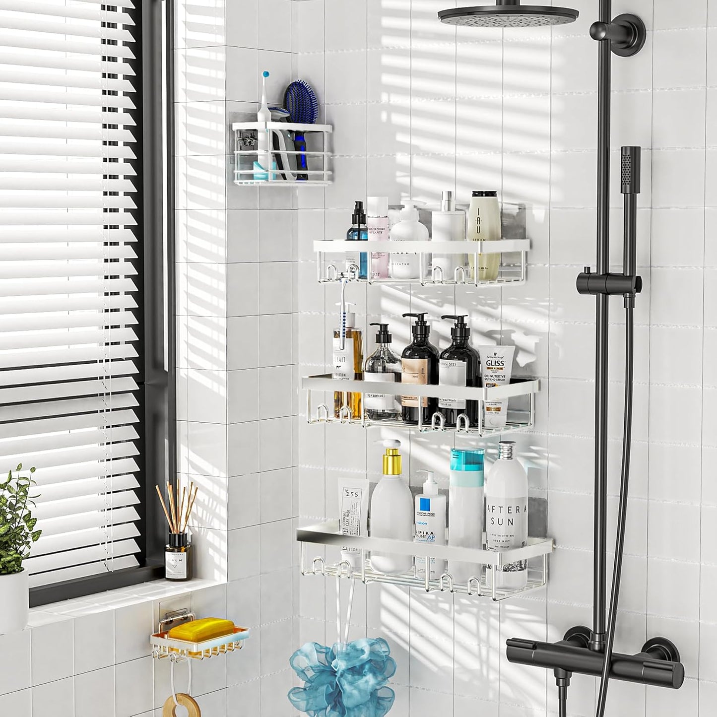 Moforoco Shower Caddy Shelf Organizer Rack, Self Adhesive Black Bathroom Shelves Basket, Home Farmhouse Wall Shower Inside Organization and Storage Decor Rv Accessories, First Apartment Essentials