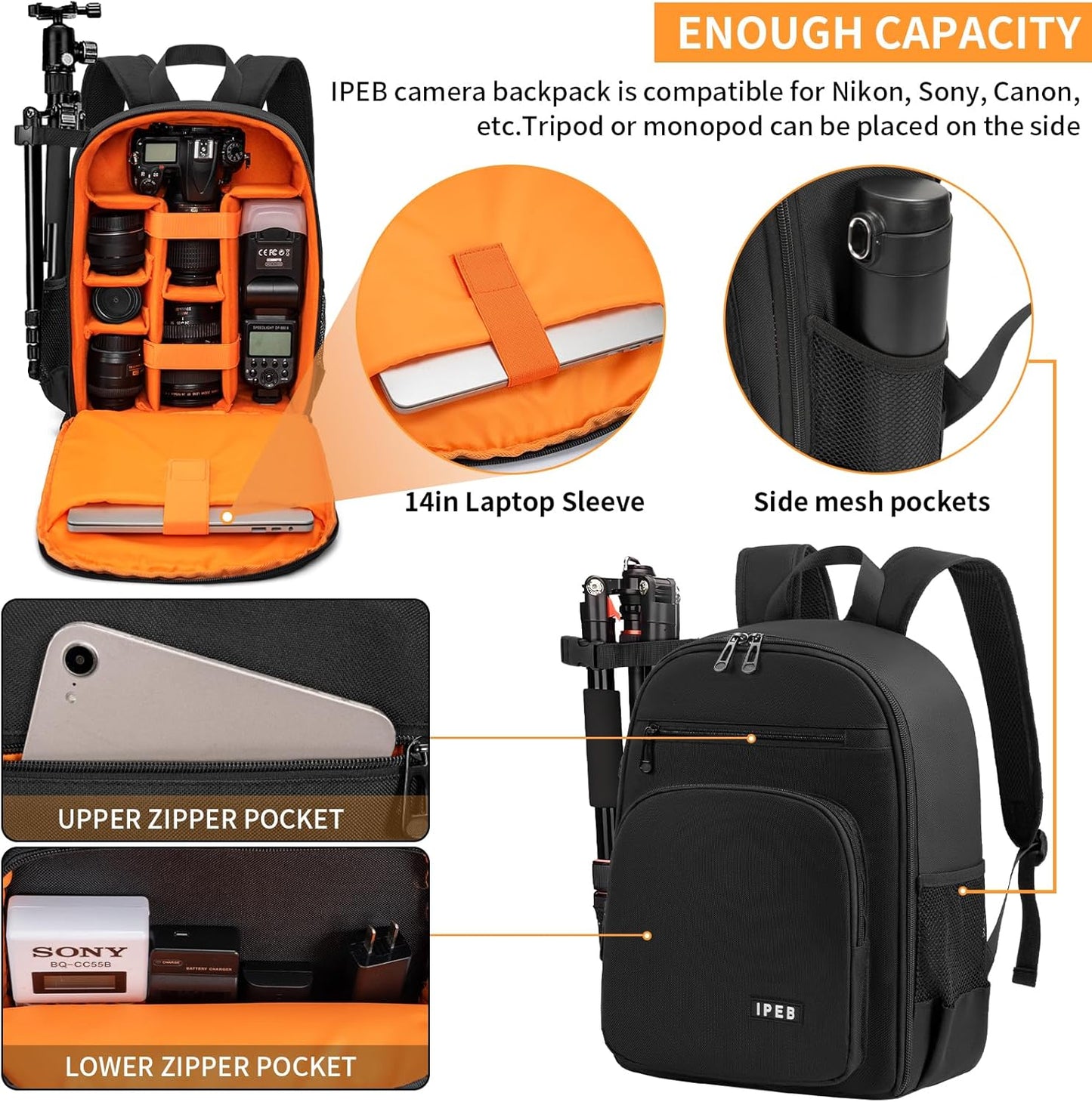 IPEB Camera Backpack Bag with Tripod Holder Water Resistant Camera Cases Photography Backpack Anti-Theft for DSLR Camera