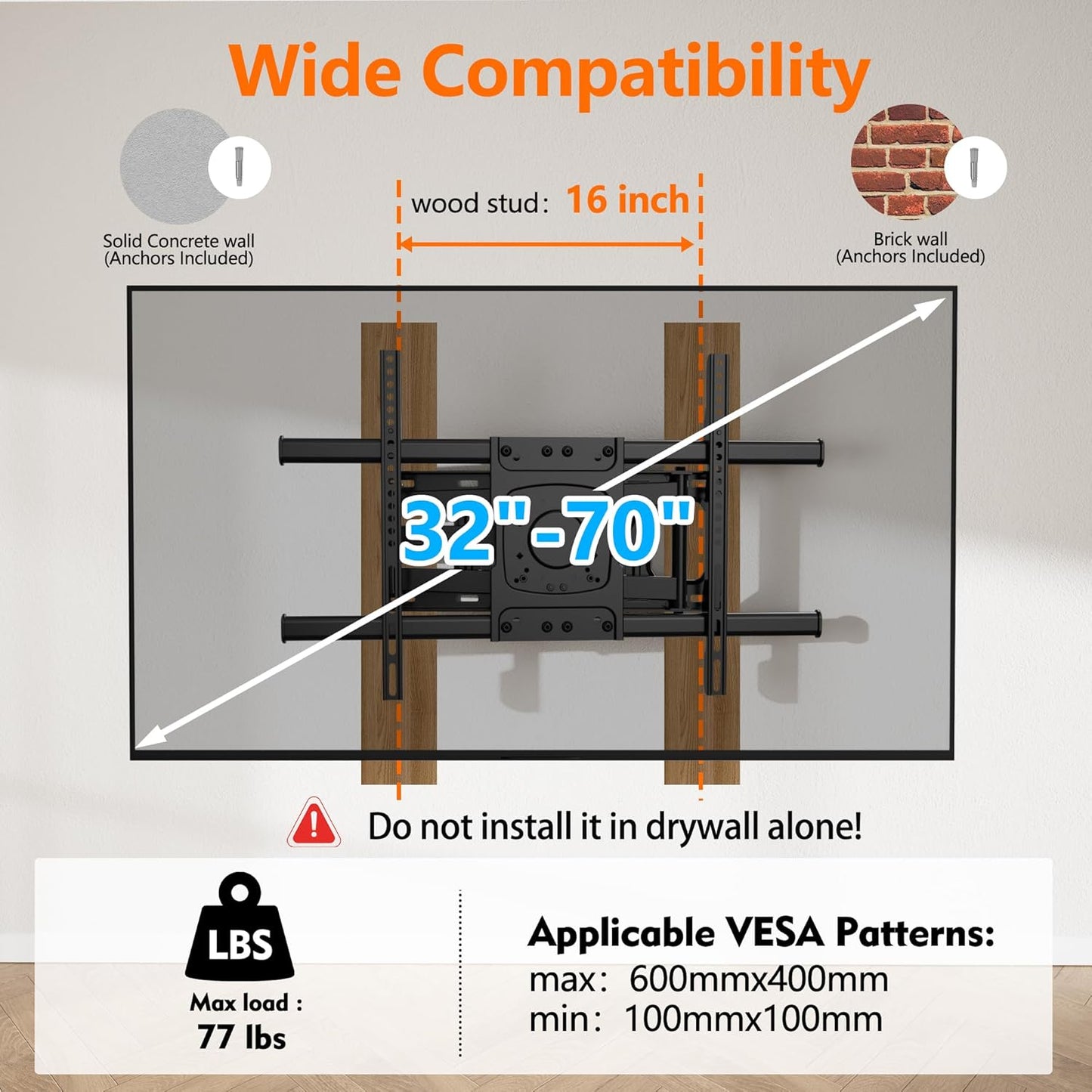 Corner TV Wall Mount,Long Arm TV Mount with 25.6 inch Extension,Full Motion TV Mount Swivel and Tilt Heavy Duty,90 Degree TV Wall Mount,Fit 32-70''TV, Load 77lbs,Max VESA 600x400mm by WHYFONE