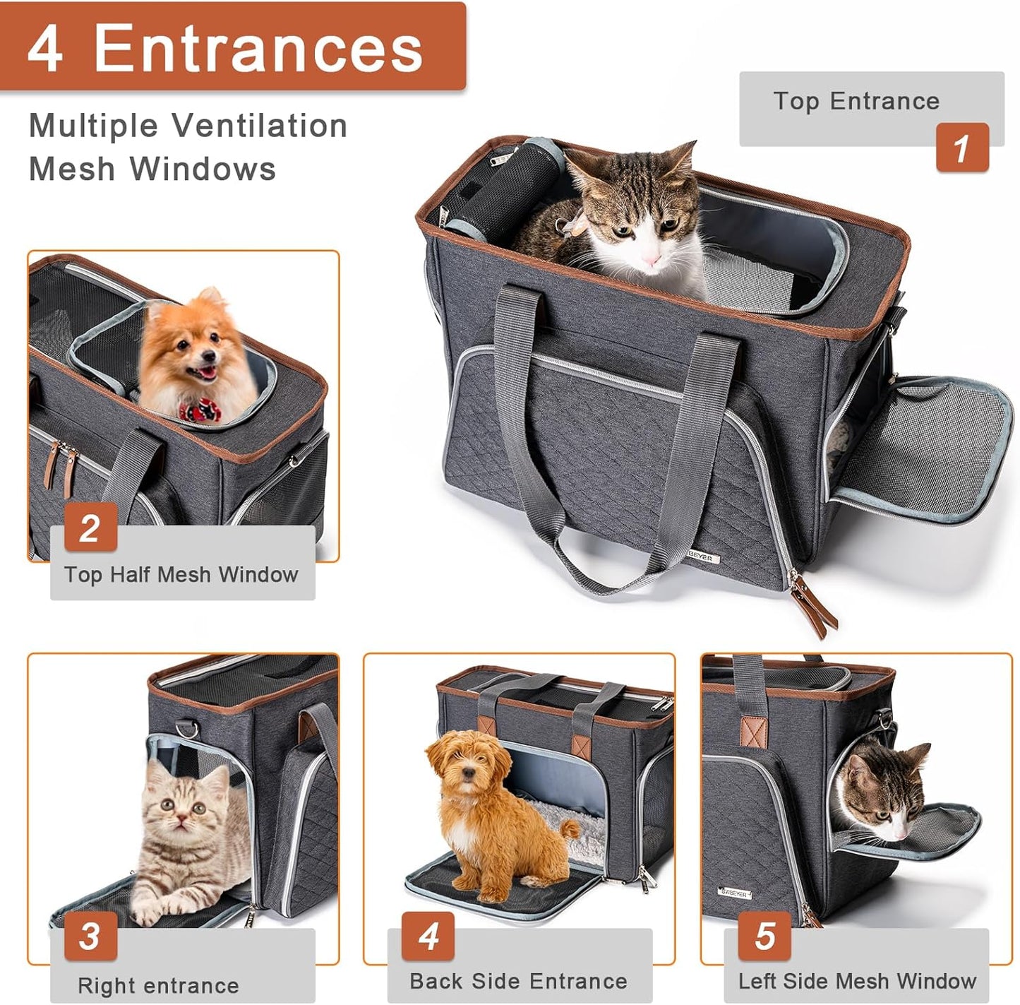 BABEYER Cat Purse Carrier, Puppy Purse Carrier, TSA Airline-Approved Pet Carrier for Small Dogs and Cats Under 12lbs for Travel, Outdoor, Vet Visits-Grey