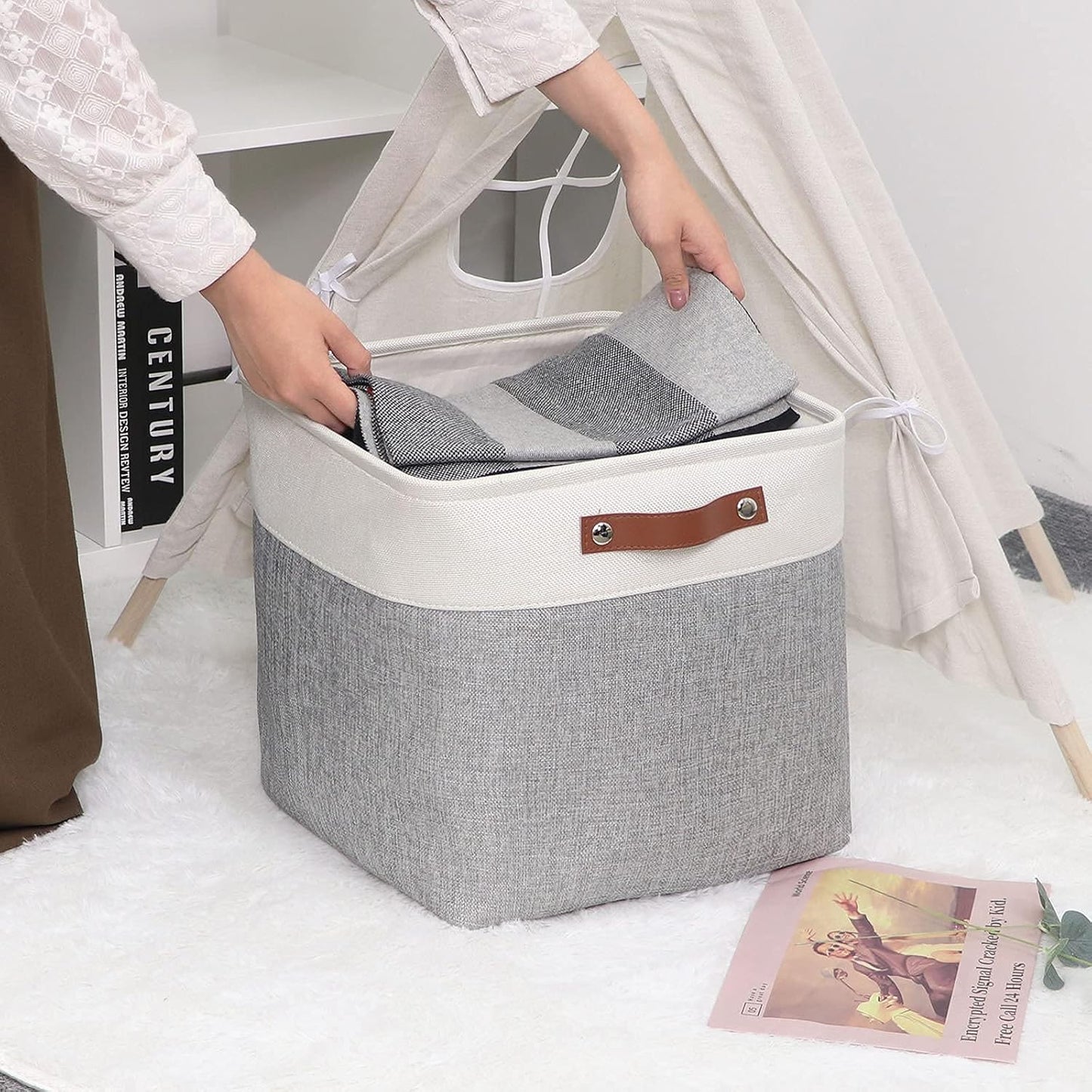 DULLEMELO Storage Baskets for Shelves, Fabric Collapsible Rectangular Storage Bins for Shelves, Closets, Nursery, Home, Office, Empty Gift Baskets (White&Teal)