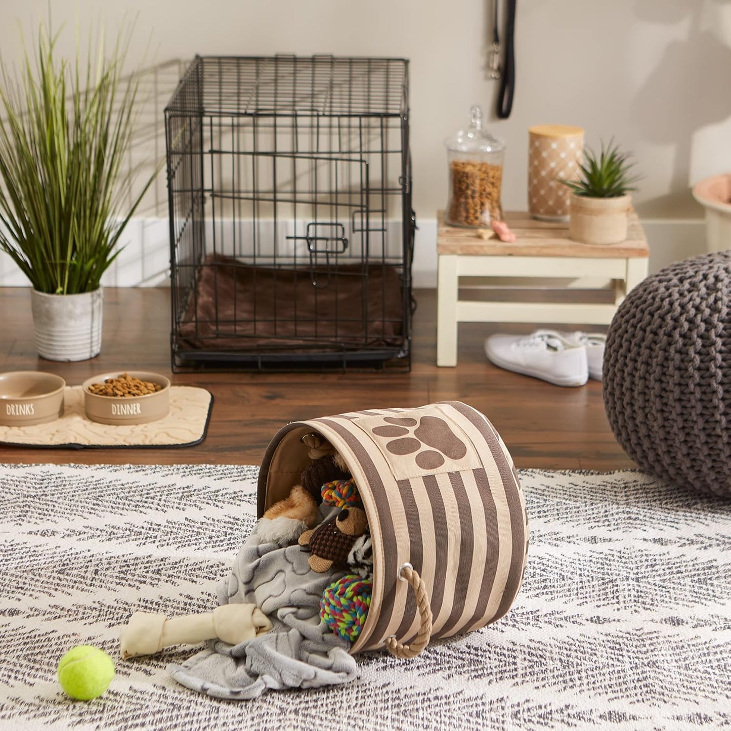 DII Bone Dry RoundSmall Pet Toy and Accessory Storage Bin, 12"(Dia) x9(H), Collapsible Organizer Storage Basket for Home Decor, Pet Toy, Blankets, Leashes and Food-Gray Stripes